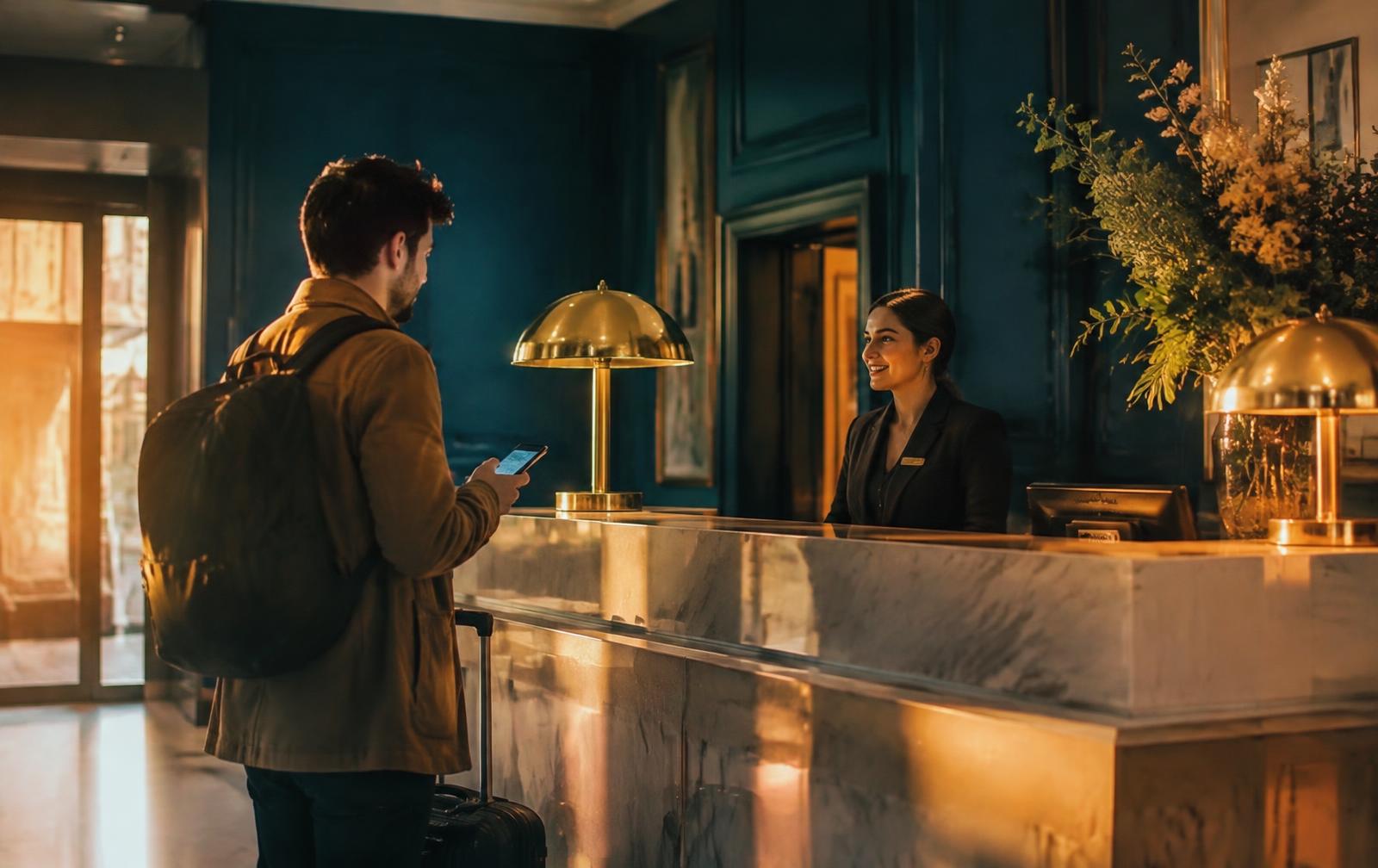 Guest at a boutique hotel reception using a phone